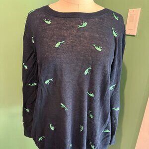 J. Crew Linen Sweater Sz XL Navy Blue with Embroidered Green Whales